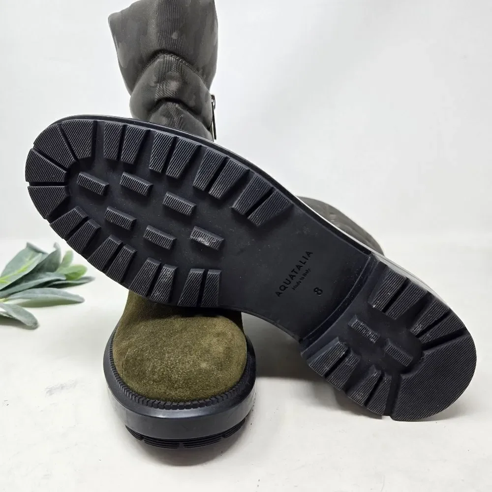 AQUATALIA‎ Lori Waterproof Boots Olive Green Suede | Camo Nylon Size 8